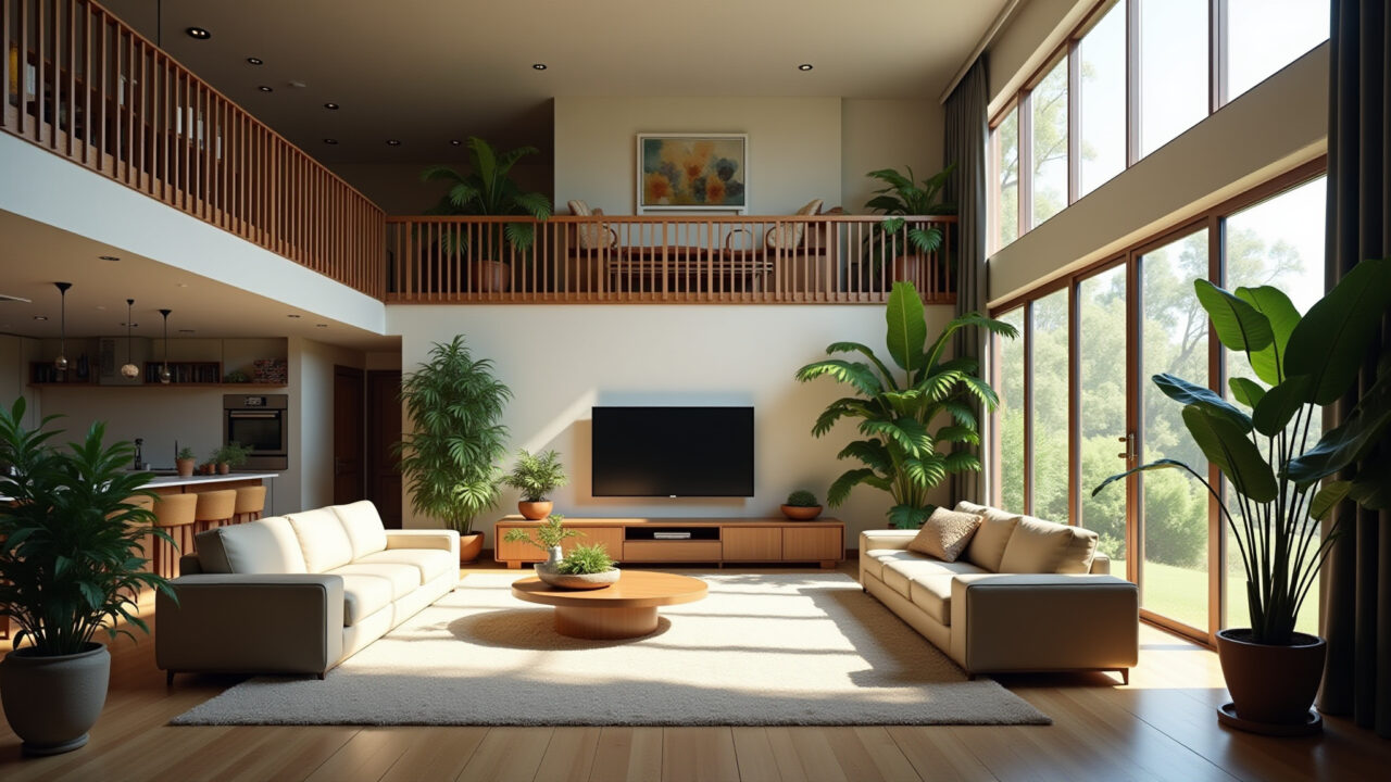 Double-height living room with tall plants, mezzanine, Brazilian design, natural light, ventilation Sala de estar com plantas altas e mezanino.