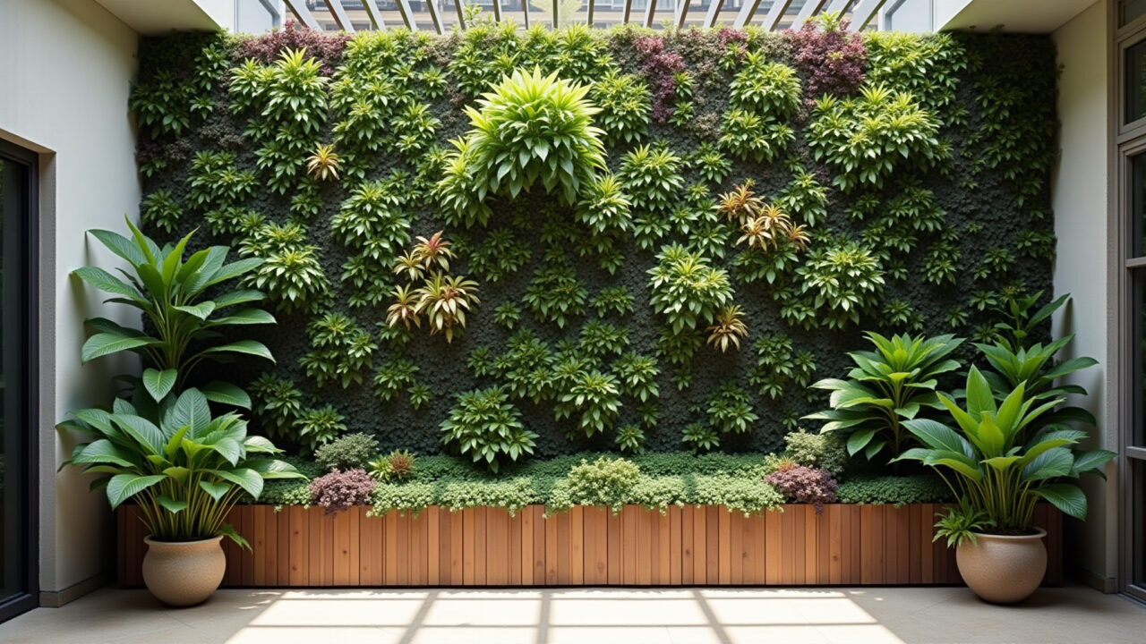 Double-height vertical garden as a focal point with vibrant plants and decorative elements, Jardim vertical de pé direito duplo como ponto focal com plantas vibrantes.