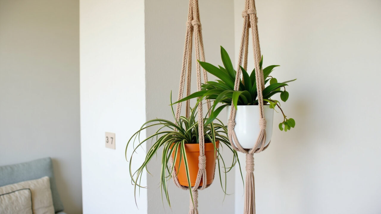 Suporte de planta macramê duplo com dois vasos e plantas diferentes.