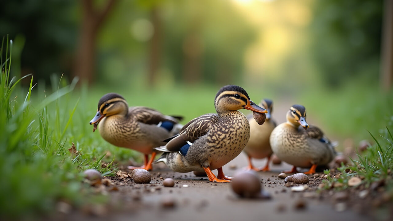 Patos comendo caramujos em um quintal.