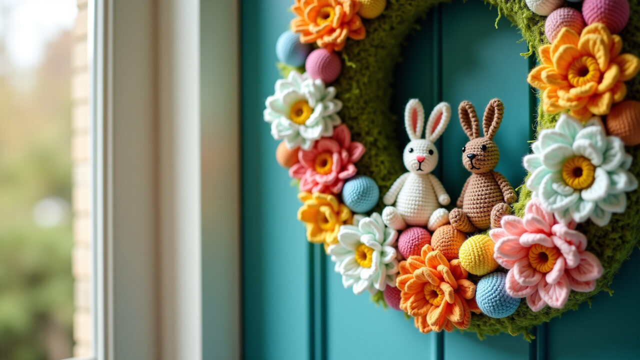 Easter amigurumi wreath, bunnies, carrots, eggs, flowers, vibrant colors, front door decor, natural Guirlanda de Páscoa de amigurumi colorida.