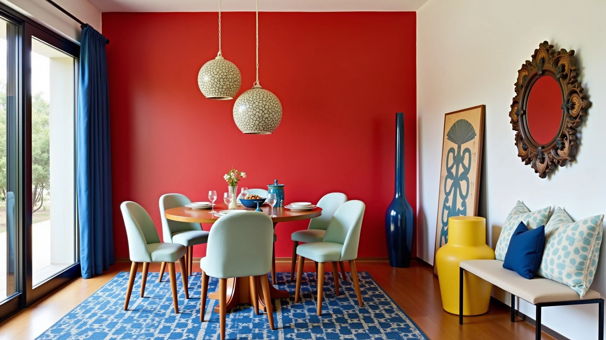 Sala de jantar eclética com parede vermelha, detalhes em azul e amarelo. Estilo Farm Rio.