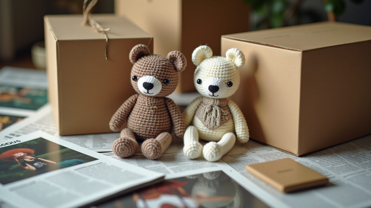Eco-friendly amigurumi packaging, recycled cardboard, newspapers, magazines, creative design, Embalagem ecológica para amigurumi.