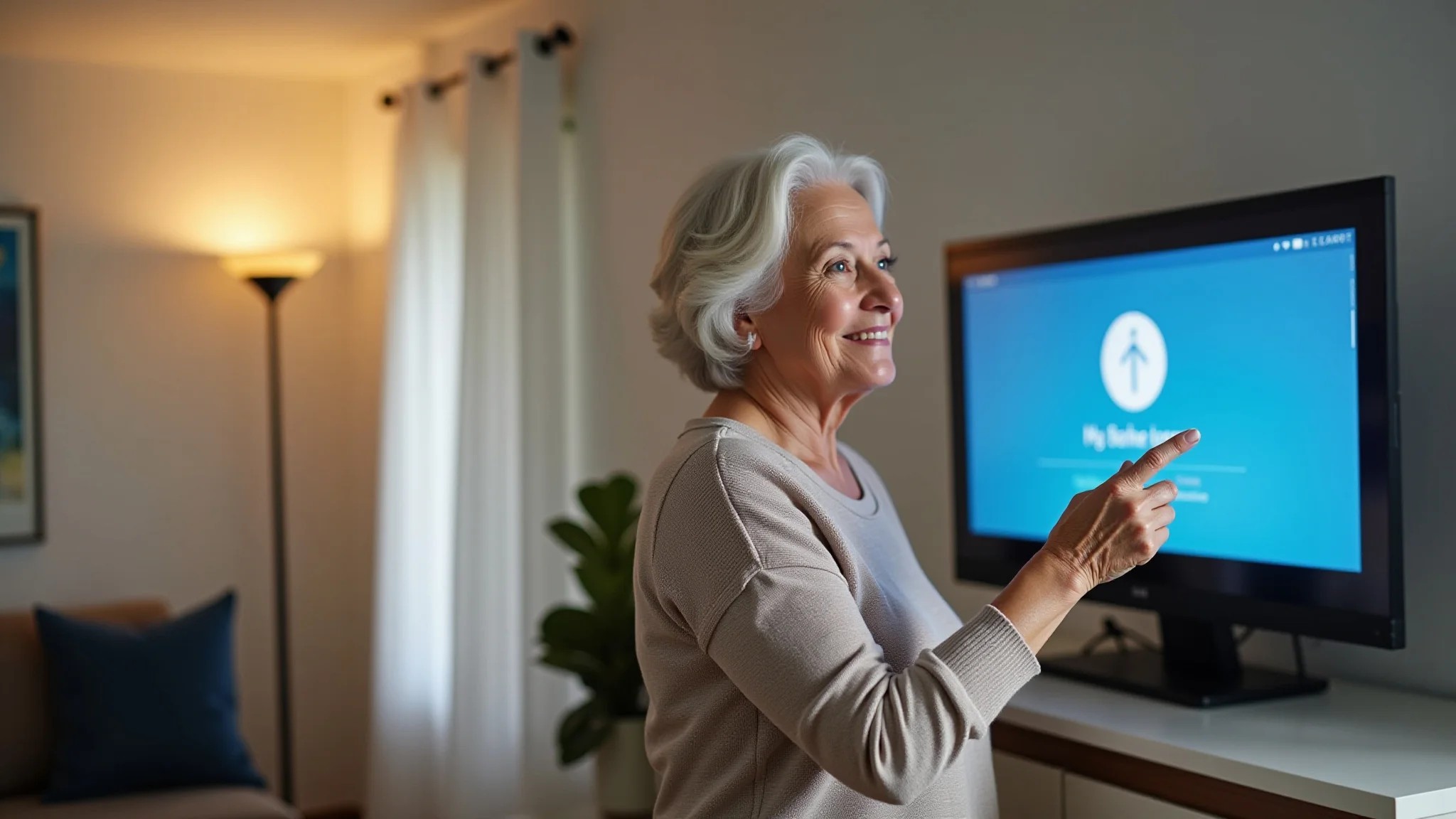Idosa usando comandos de voz para controlar dispositivos de casa inteligente.
