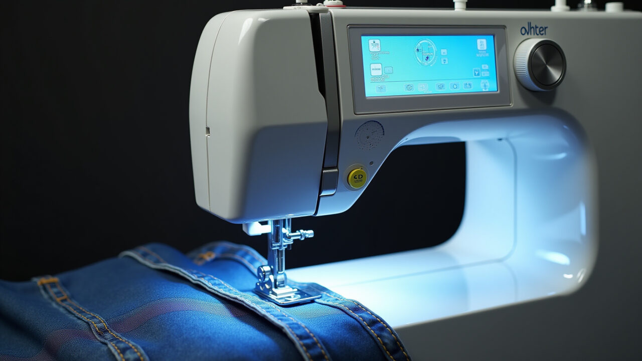 Electronic sewing machine with LCD screen, auto tension, sewing denim. Commercial photography, 8K Máquina de costura eletrônica costurando jeans com precisão.