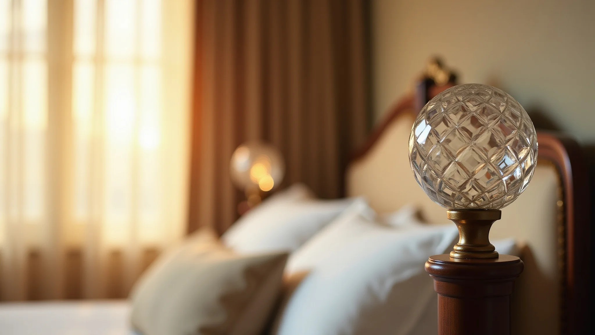 Quarto elegante com ponteiras de cristal em varão de cortina.