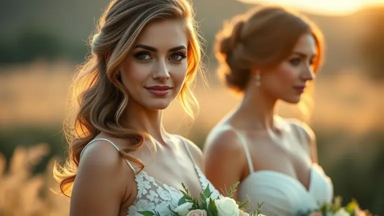 Madrinha brasileira elegante com penteado semi-preso ondulado e maquiagem natural em casamento diurno.