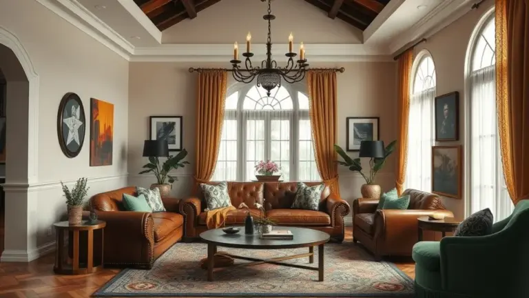 Sala de estar elegante com sofá de couro marrom, design brasileiro vibrante e iluminação natural.