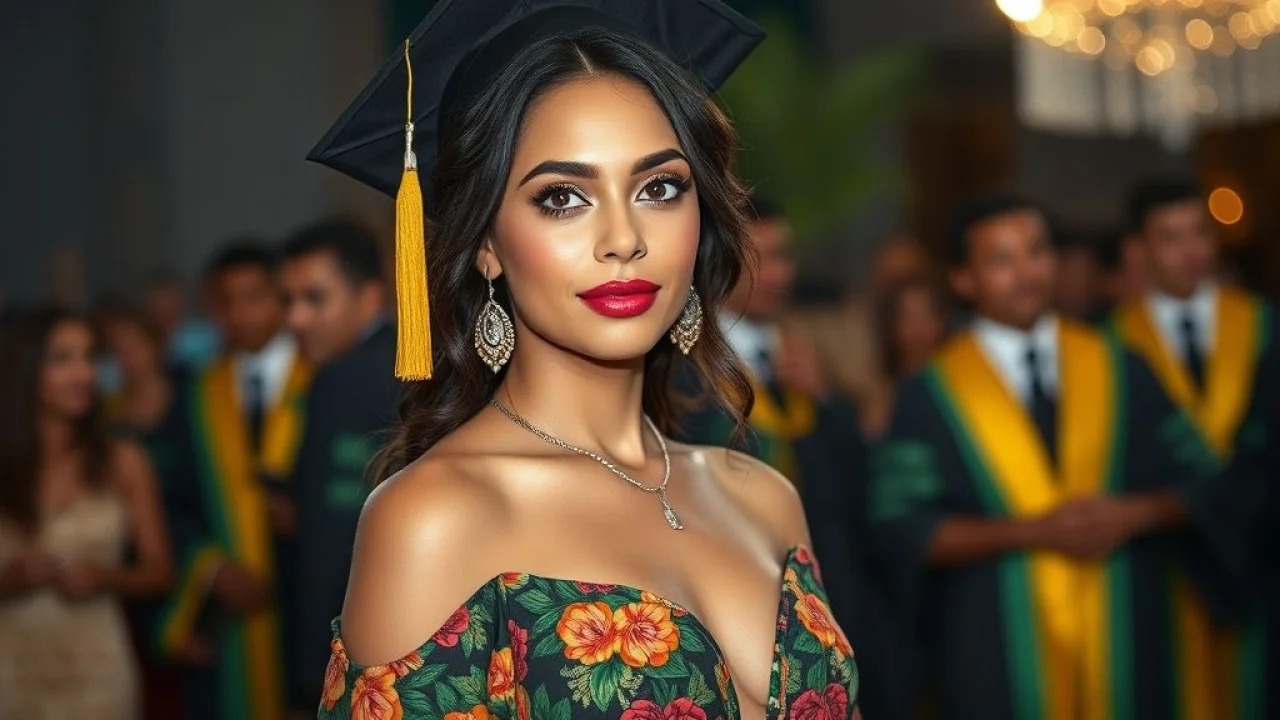 Mulher elegante em vestido longo vibrante em festa de formatura brasileira.