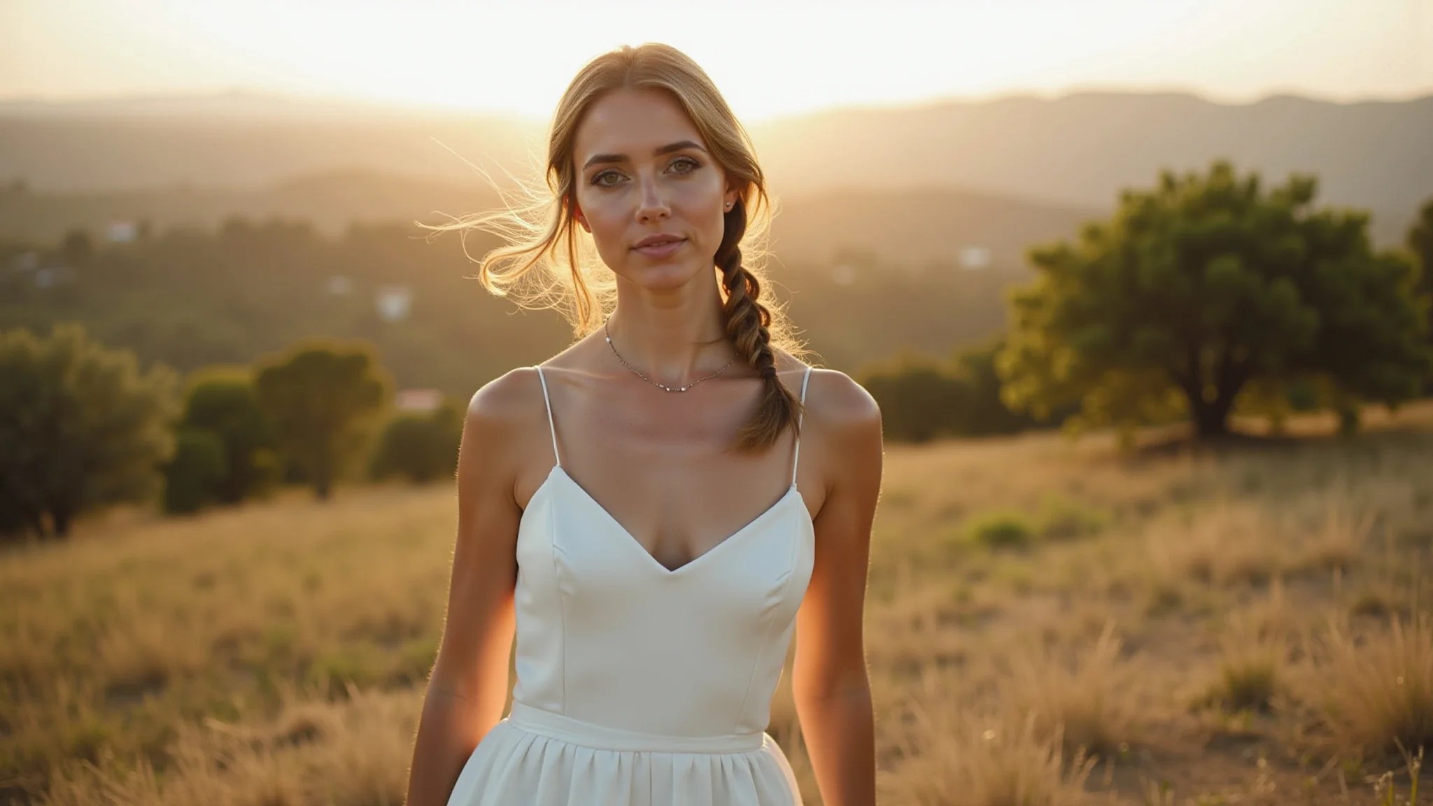 Noiva elegante em vestido simples, casamento ao ar livre, paisagem brasileira.
