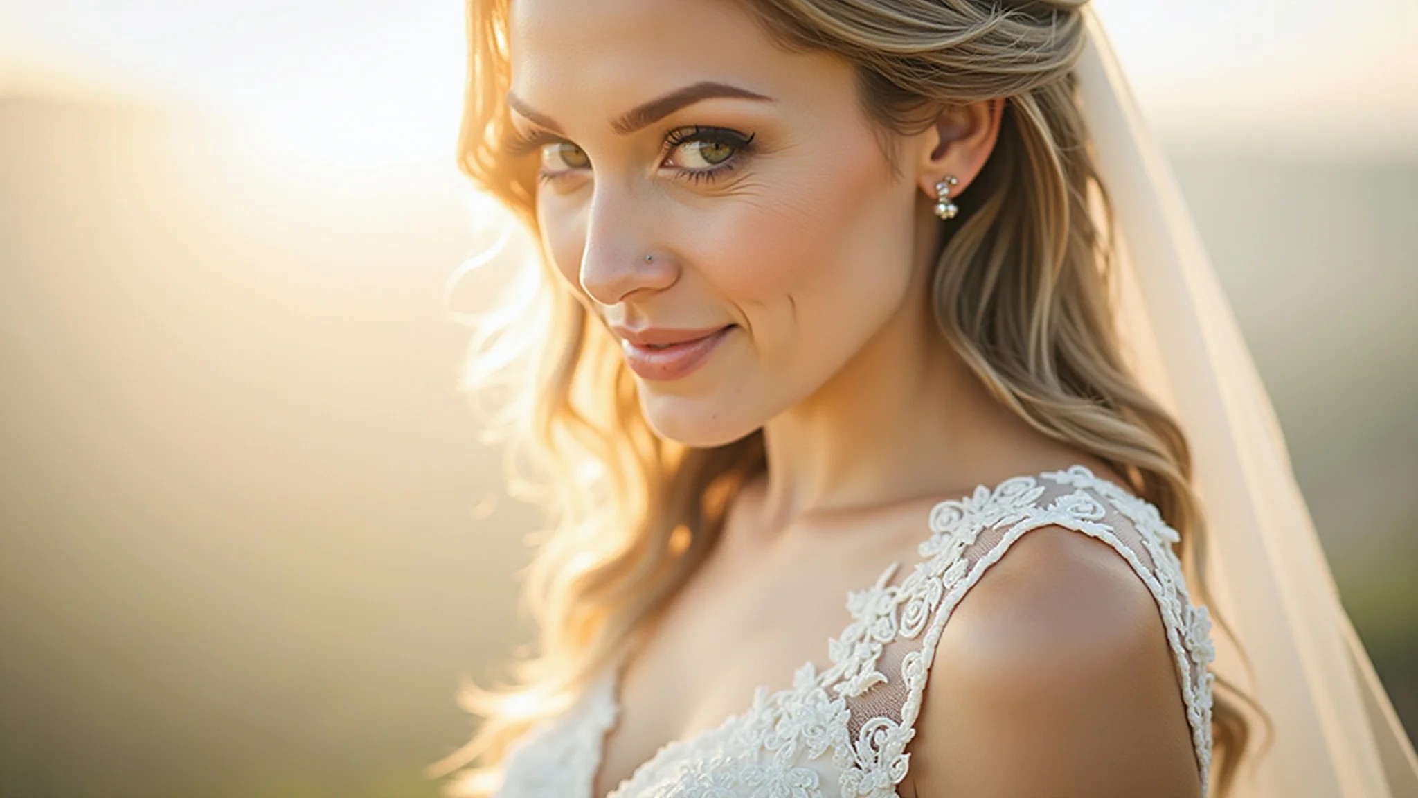 Noiva elegante vestindo um vestido de noiva branco simples, estilo minimalista.