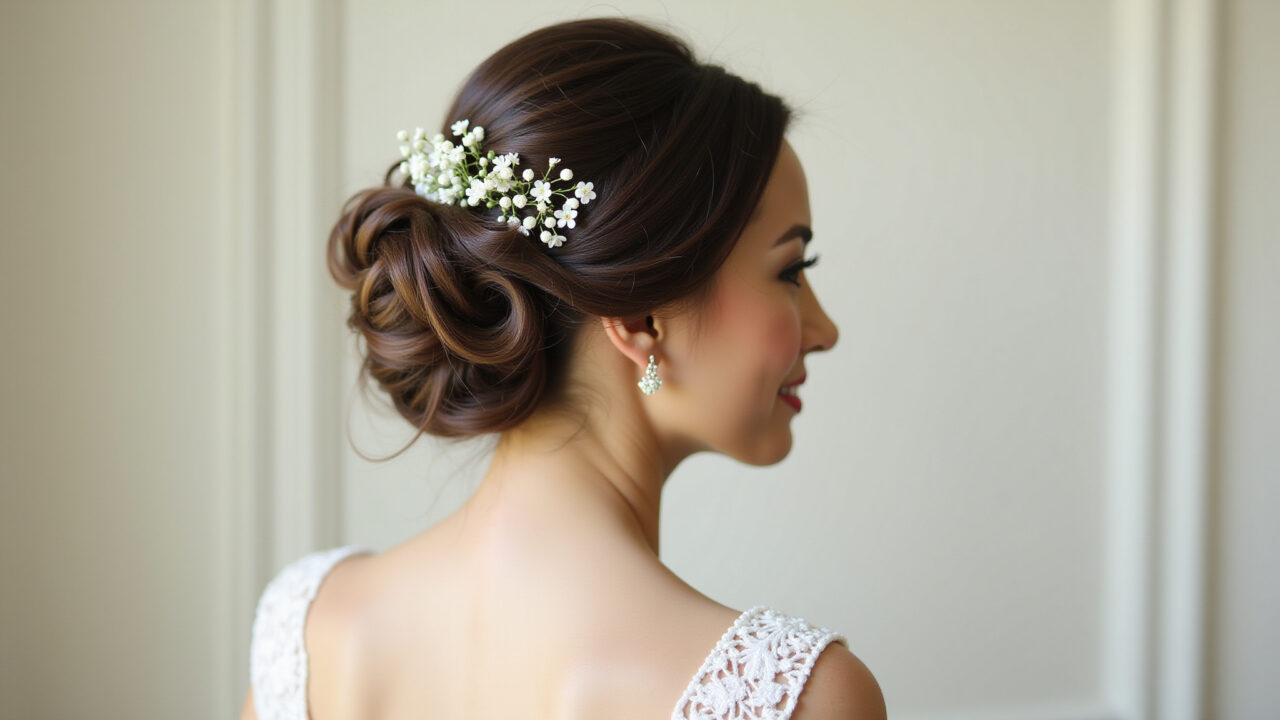 Elegant bride with a sophisticated updo hairstyle adorned with delicate flowers, wearing a classic Noiva elegante com penteado sofisticado adornado com flores delicadas.