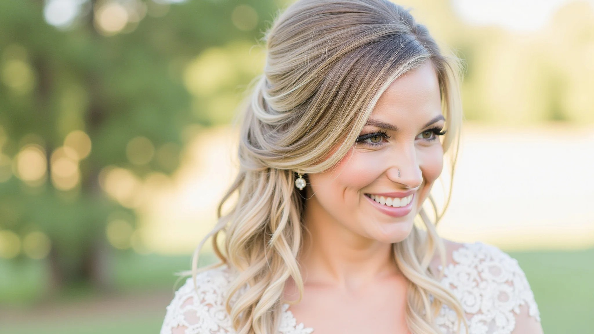 Madrinha elegante com penteado semi-preso ondulado, maquiagem natural, casamento diurno.