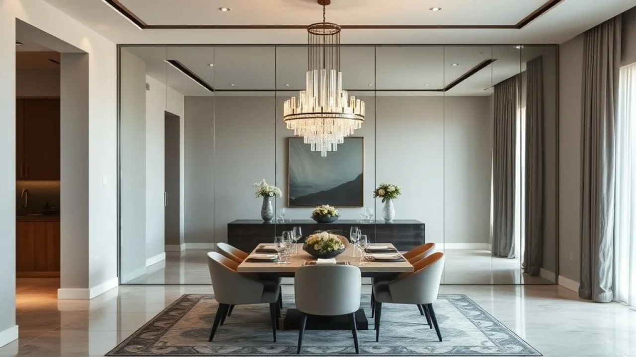 Elegant dining room with a full-wall mirror reflecting a modern chandelier and a table set for Sala de jantar moderna com parede de espelho ampliando o espaço e refletindo a luz.