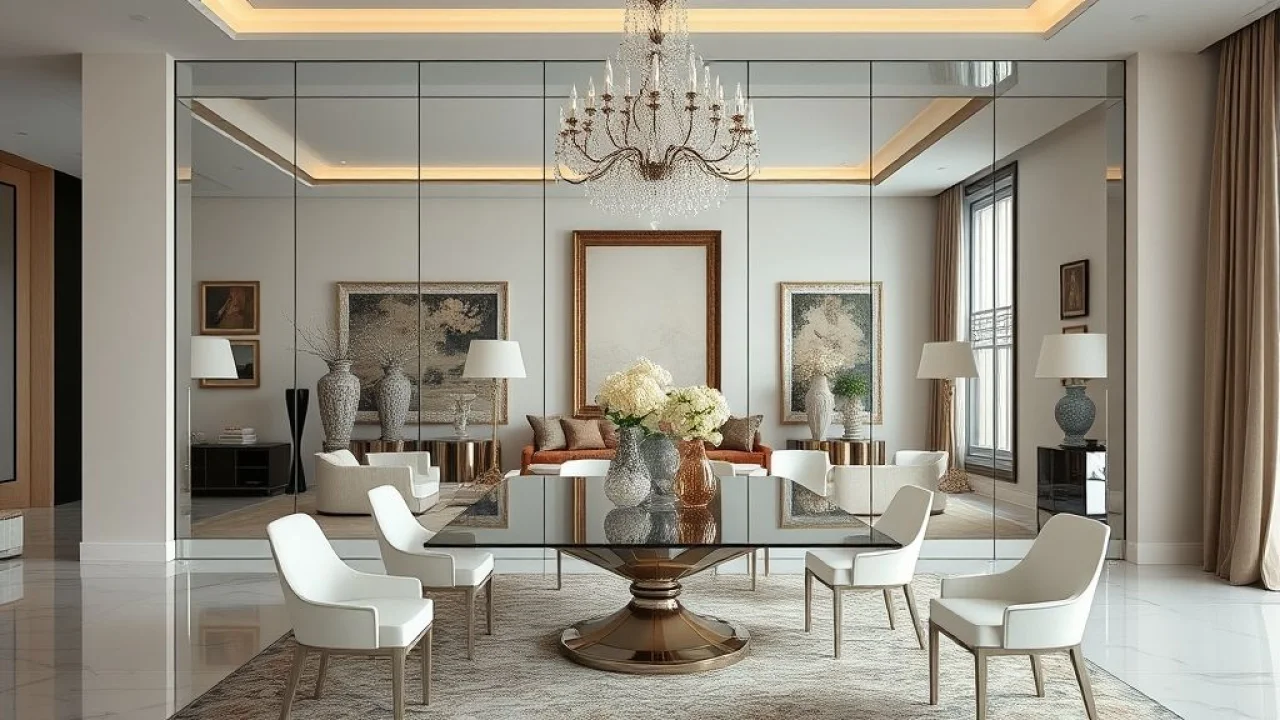 Elegant dining room with a large mirror wall reflecting decorative objects: vases, sculptures, and Sala de jantar elegante com espelho e objetos decorativos.