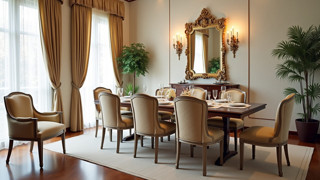 Espelho veneziano elegante em sala de jantar romântica.