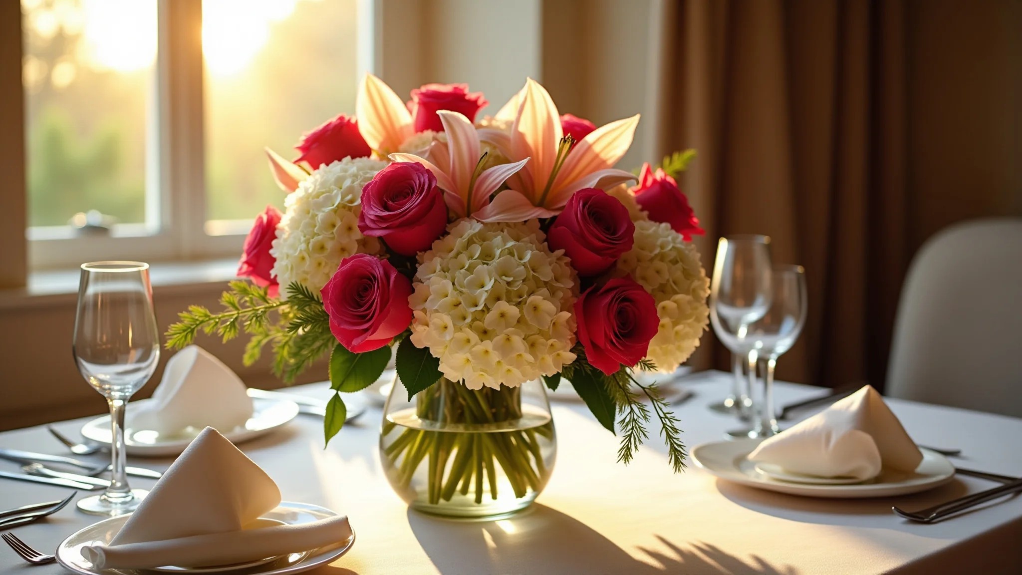 Arranjo elegante de rosas, lírios e hortênsias vibrantes em um vaso de vidro para mesa de jantar.