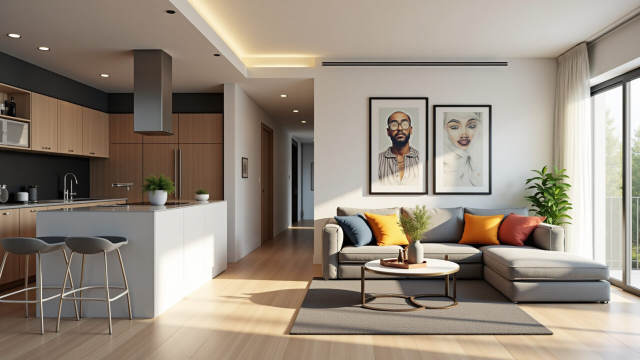 Elegant living room and kitchen with neutral colors, colorful cushions, and Brazilian decor. Cores neutras com toques de cor em sala com cozinha integrada.