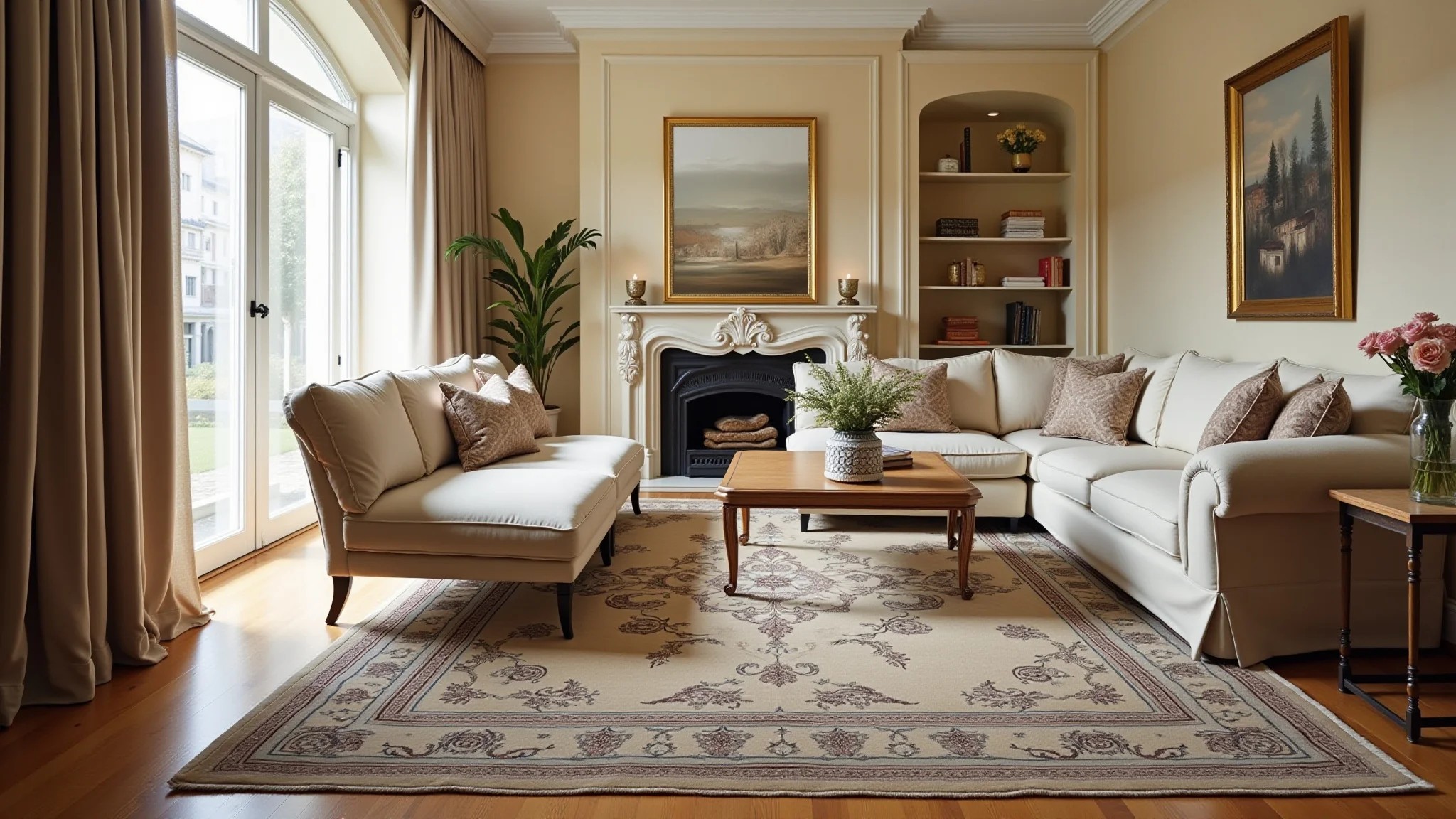 Sala de estar elegante com tapete persa clássico em tons de bege e dourado.