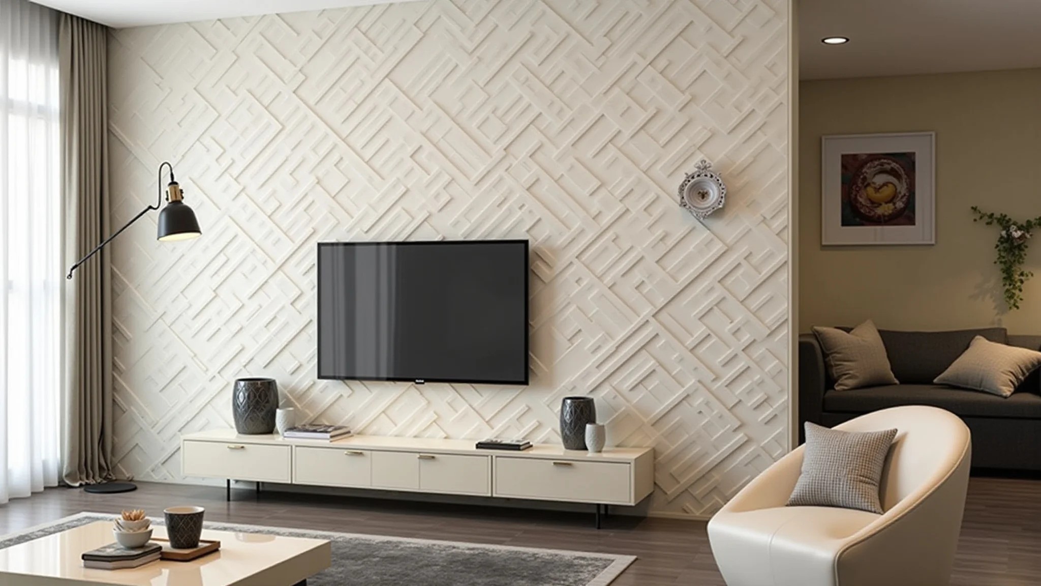 Sala elegante com parede de gesso 3D com padrão de losangos e decoração clássica.
