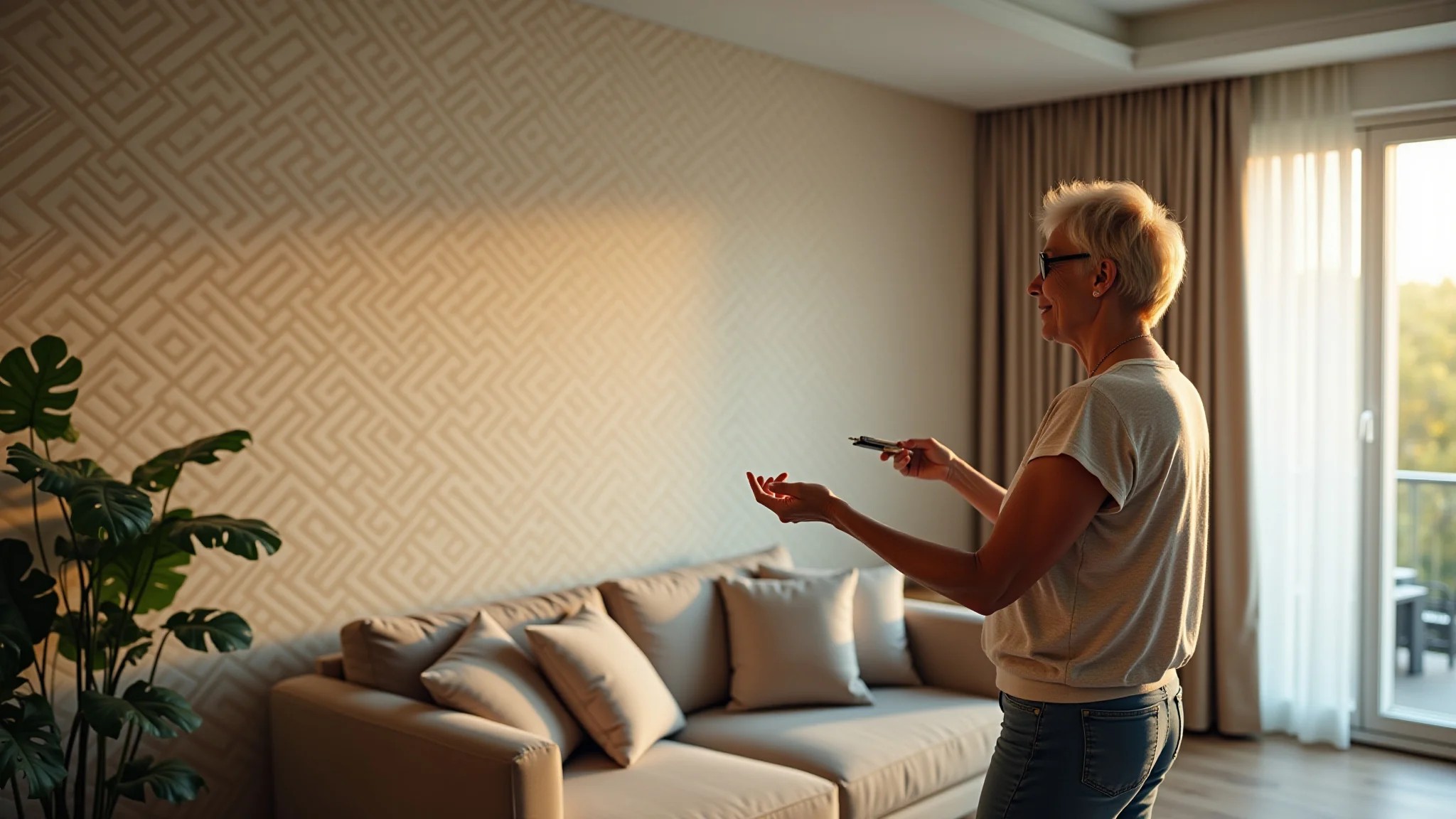 Mulher admirando papel de parede 3D recém-instalado em sala de estar elegante.