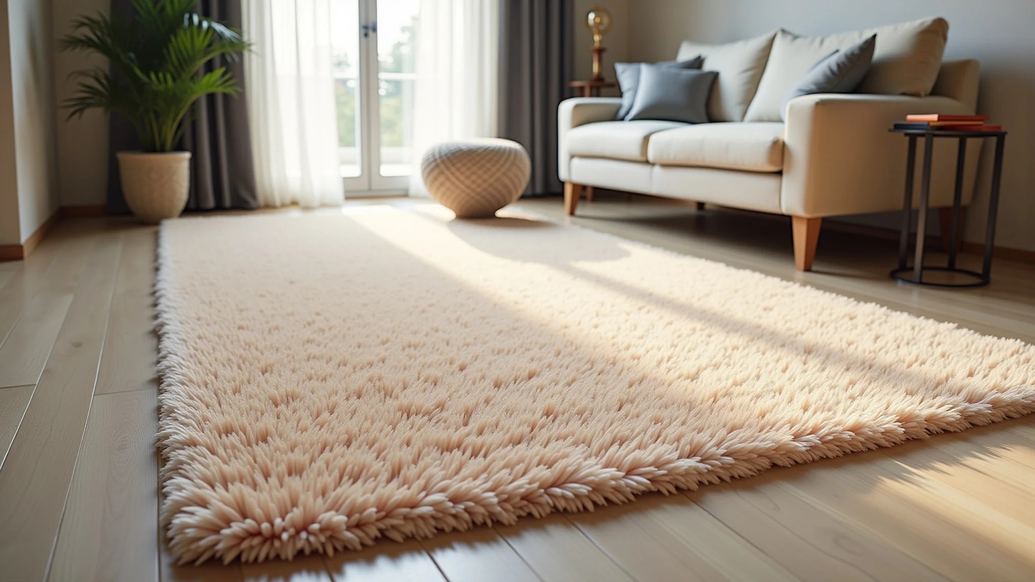 Sala elegante com tapete de viscose imitando seda, destacando brilho e textura suave.