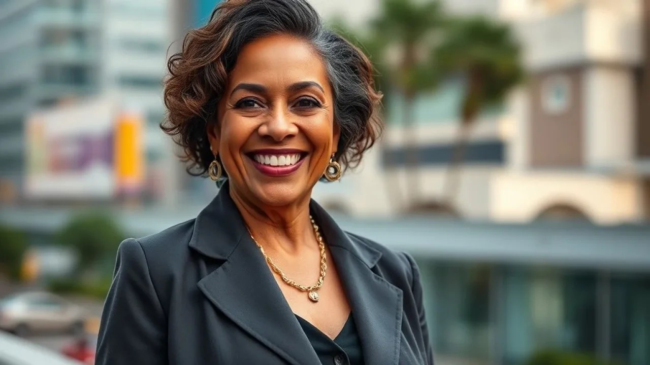 Mulher madura brasileira sorrindo com look casual estiloso e confiante em São Paulo.