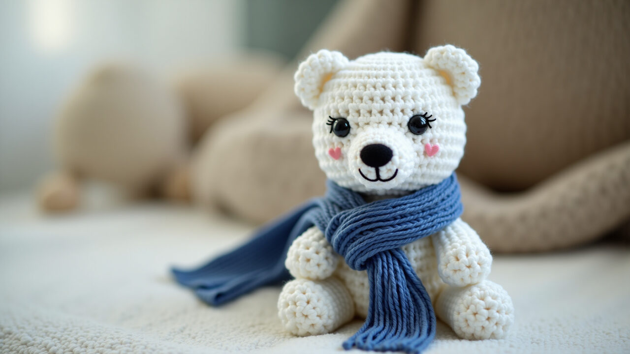Amigurumi elegante de urso polar com cachecol azul.