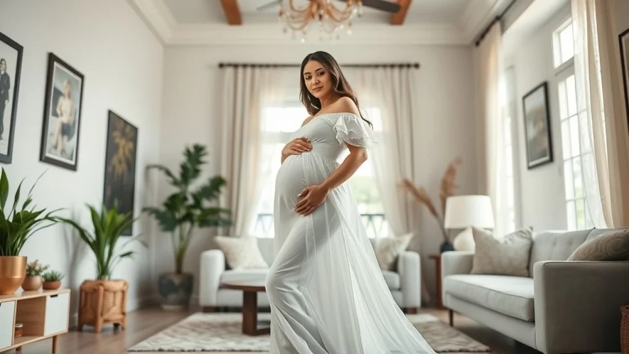 Gestante elegante em vestido branco, sala iluminada, moda gestante brasileira.
