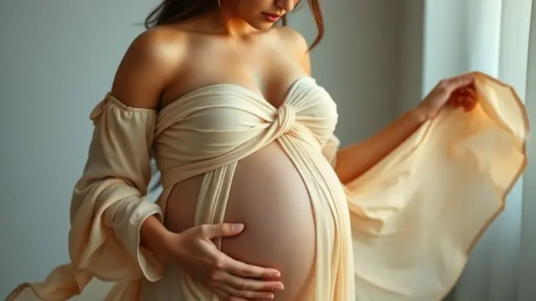 Grávida elegante vestindo um vestido fluido e estiloso, moda gestante brasileira.
