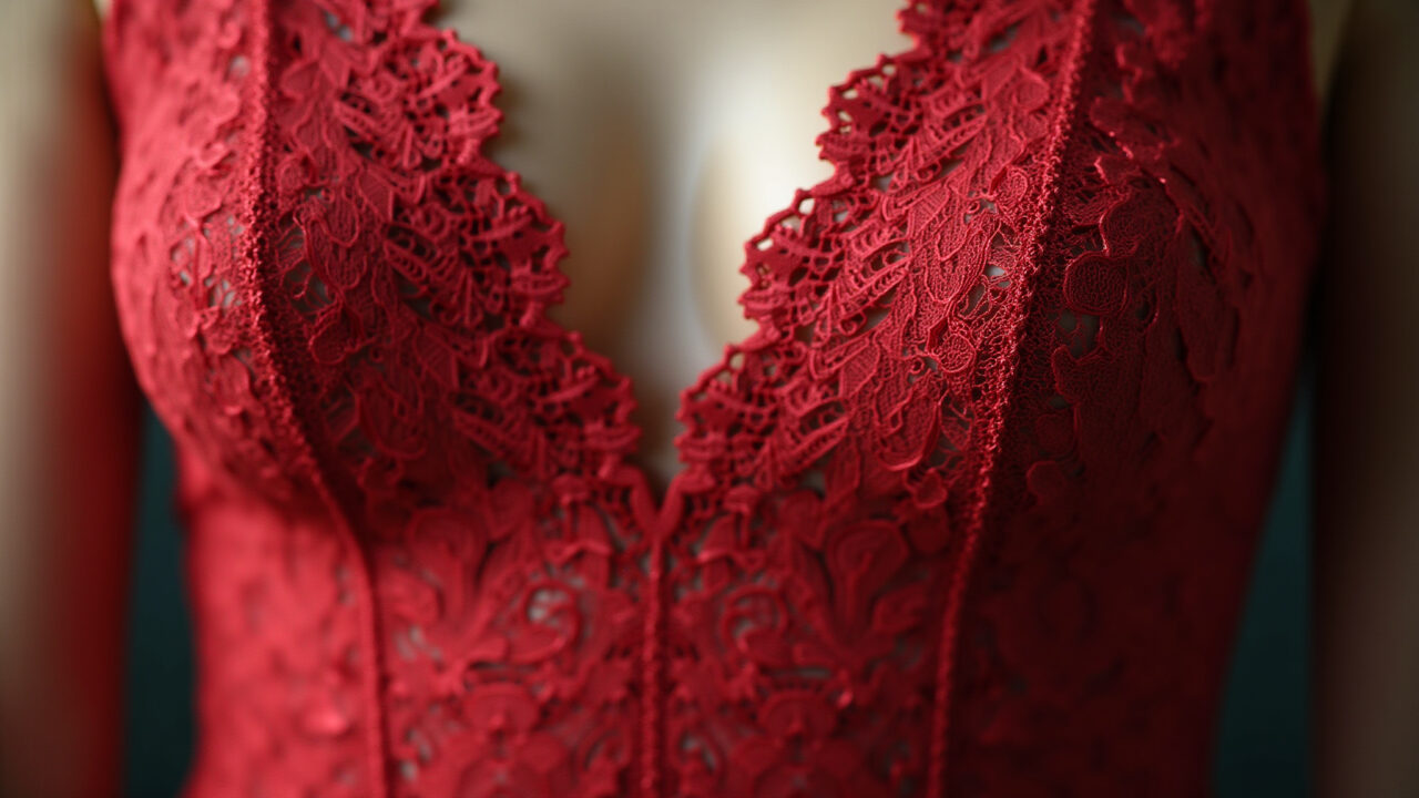Vestido vermelho de renda elegante e atemporal.