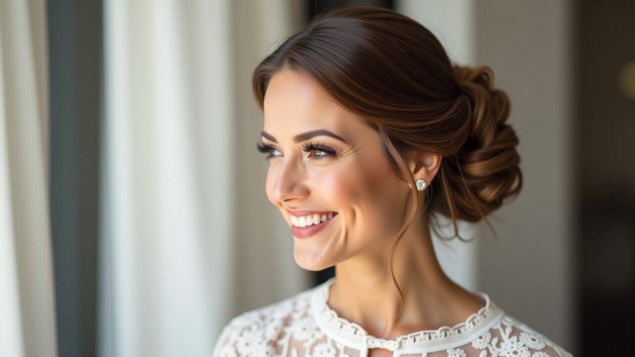 Elegant updo hairstyle for a bride, classic style, professional photography, 8K quality, sharp Elegante penteado coque clássico para noiva com traços brasileiros.