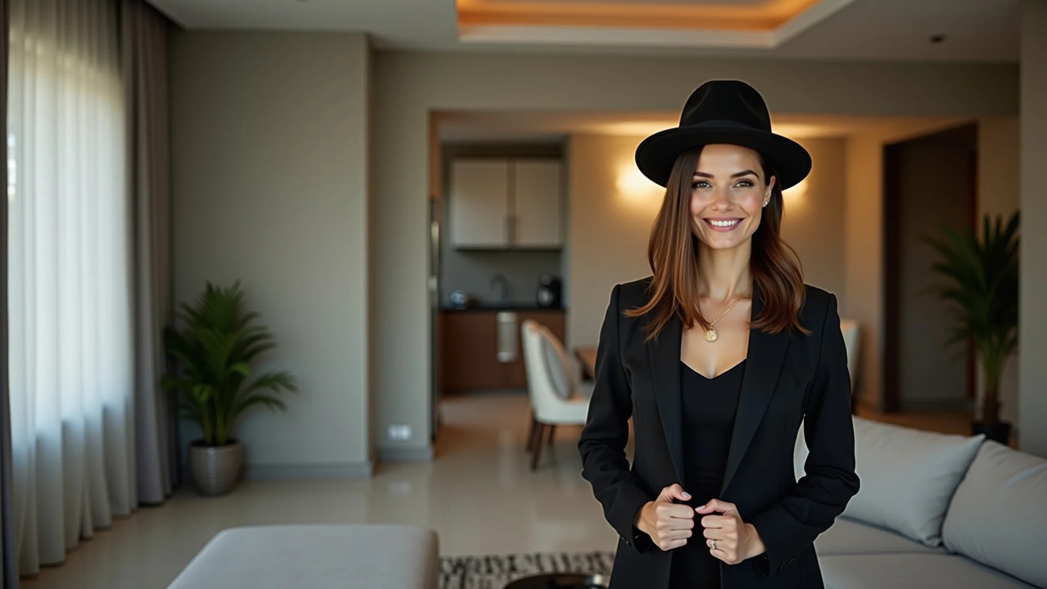 Mulher elegante com top hat e blazer em apartamento moderno com design brasileiro.