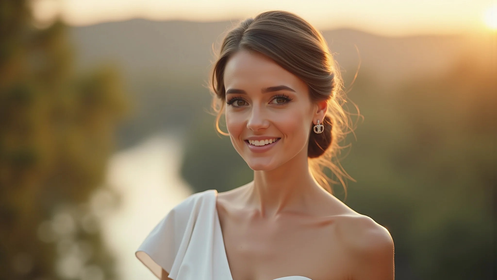 Mulher elegante com vestido de um ombro só e coque lateral baixo, maquiagem natural.