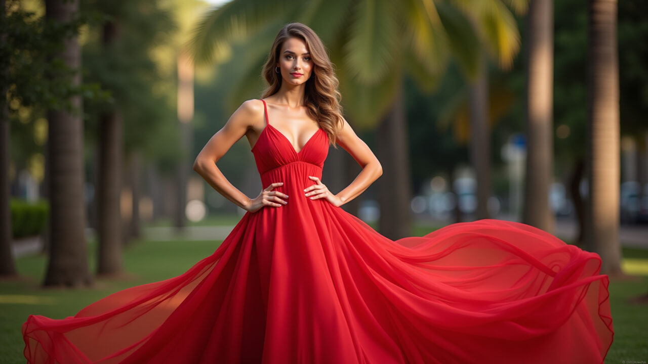 Mulher elegante em vestido vermelho vibrante em festa de formatura.