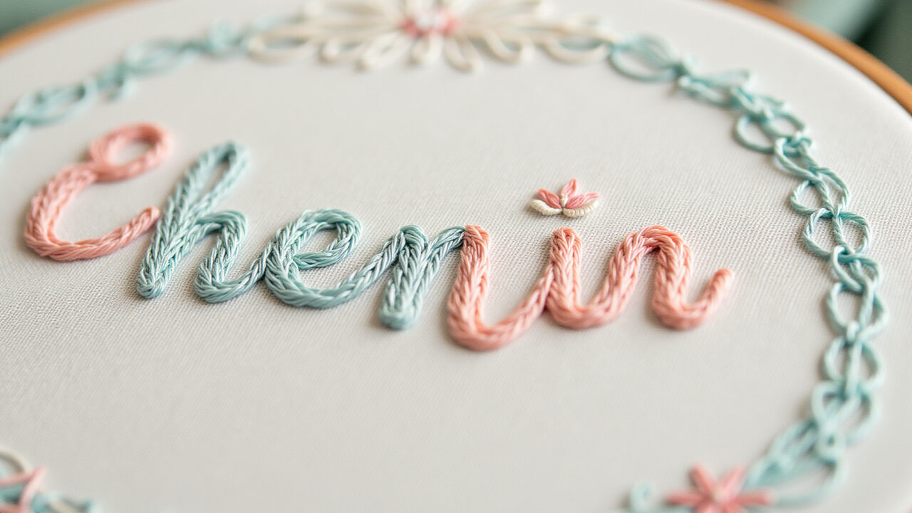 Embroidered name with chain stitch outline, delicate effect, pastel colors, soft lighting, 8k, Nome bordado com contorno em ponto corrente.
