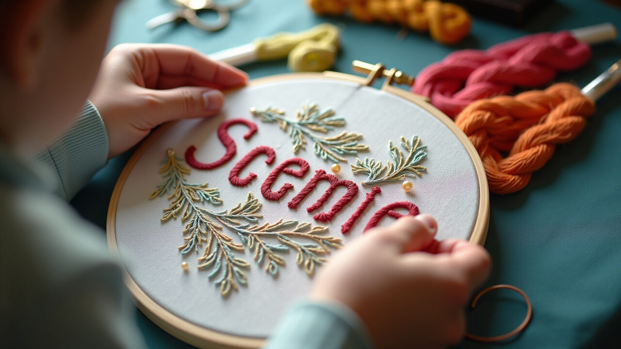 Embroidering name with stem stitch, textured effect, colorful threads, natural light, 8k, sharp Bordado de nome com ponto haste, efeito texturizado.