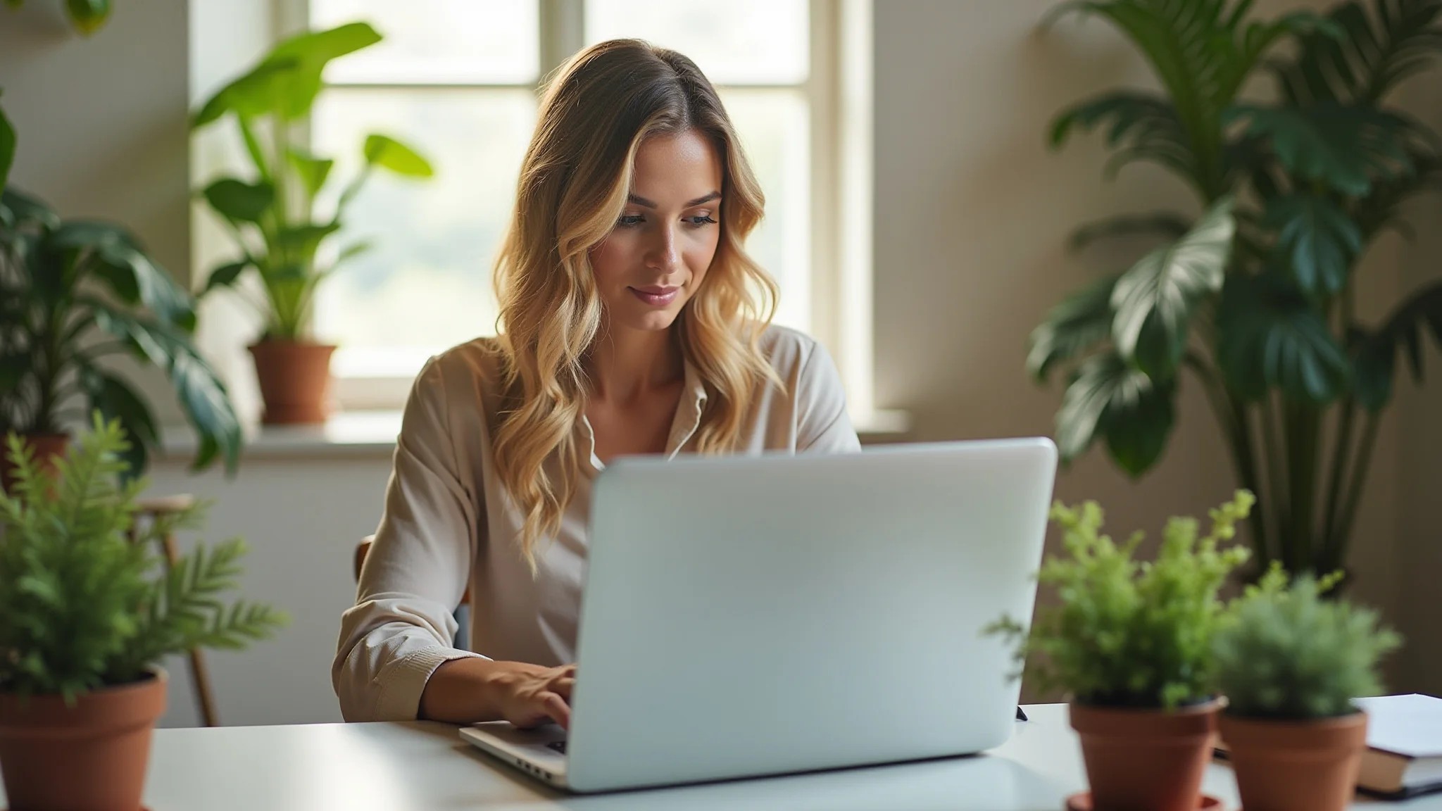 Mulher empreendedora trabalhando em laptop, escritório estilo brasileiro.