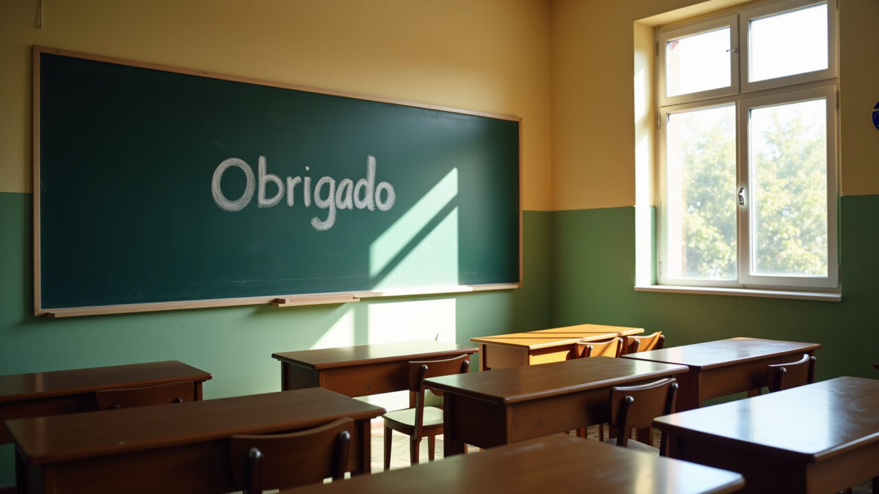 Sala de aula vazia com 'Obrigado' escrito no quadro negro.