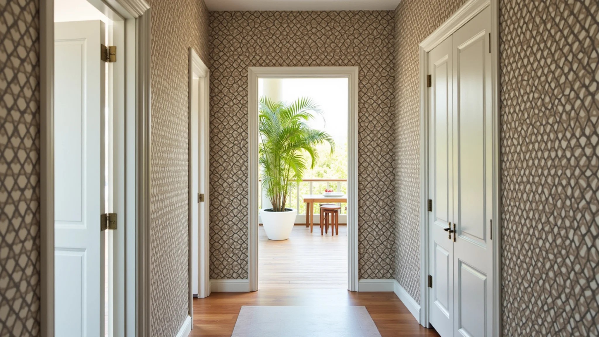 Hall de entrada com papel de parede estampado.