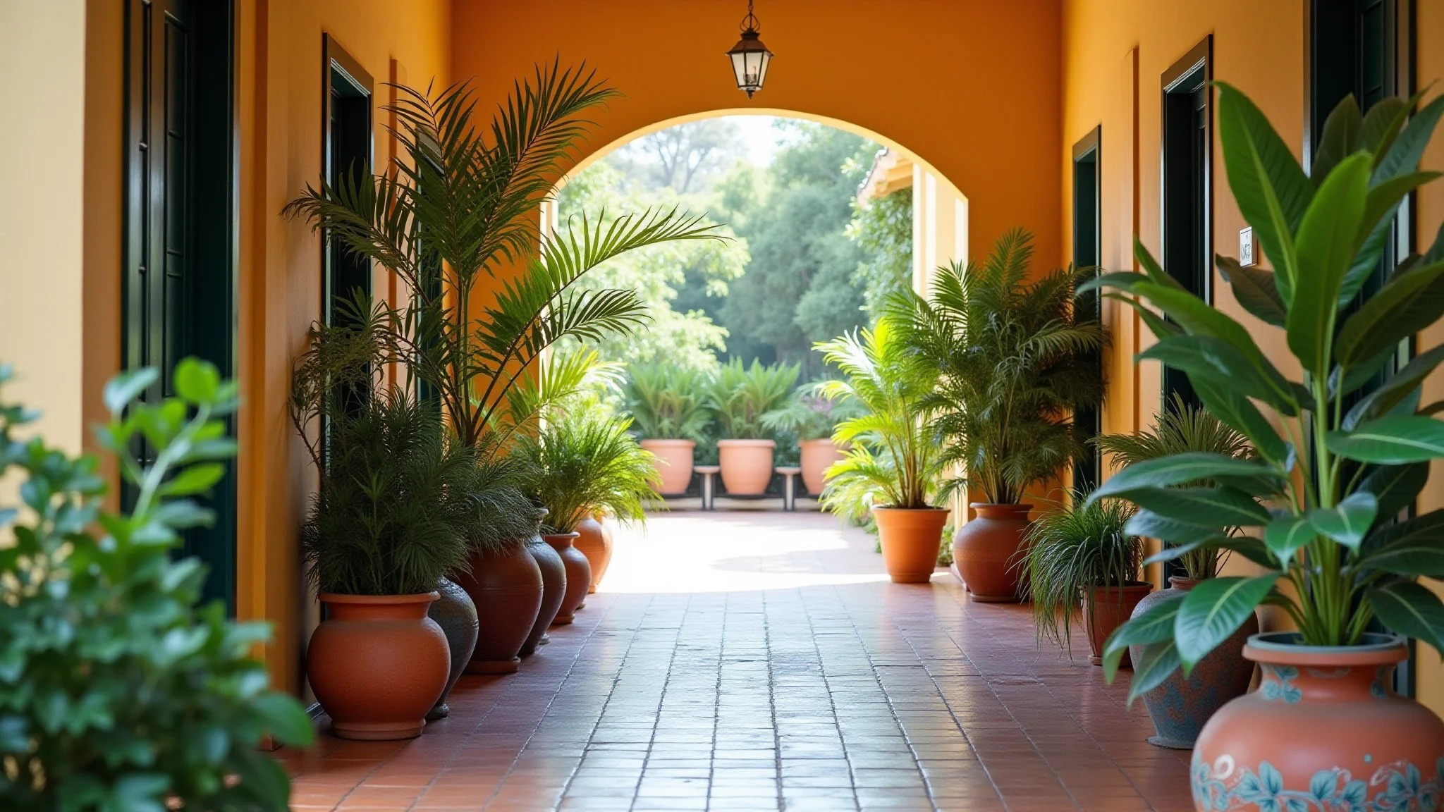 Plantas verdes vibrantes decorando o hall de entrada.