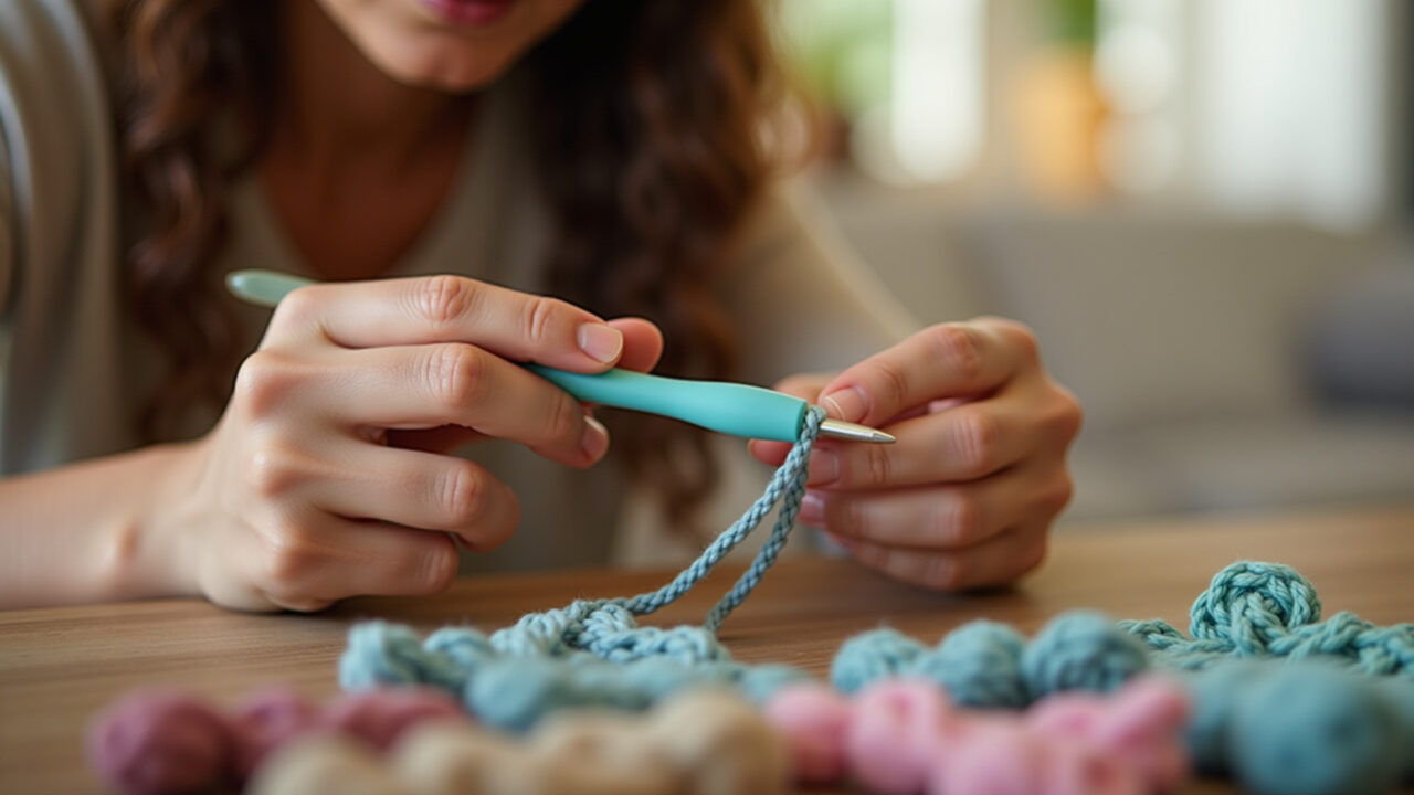 Ergonomic crochet hook for amigurumi, hand holding, soft focus, natural light, 8k, lifestyle Agulha de crochê ergonômica para amigurumi, conforto para longas horas de crochê.