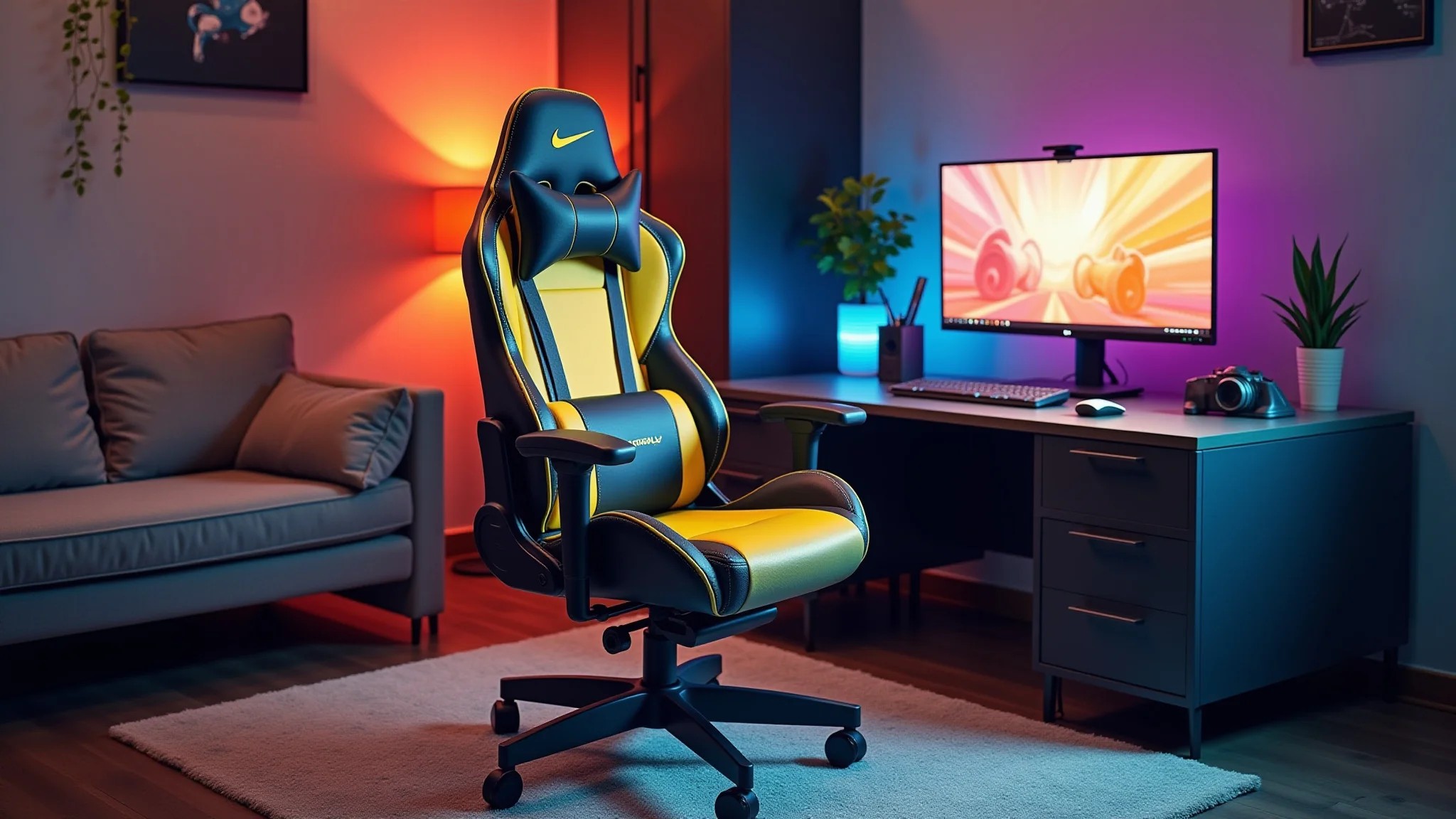 Cadeira gamer ergonômica com design colorido em quarto estilo brasileiro.