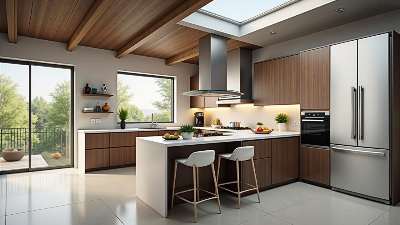 Cozinha ergonômica com triângulo de trabalho otimizado e bancada na altura correta.