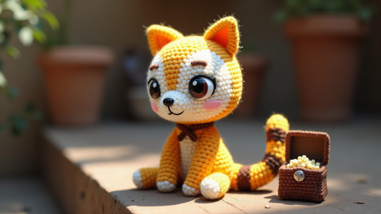 Esperto guaxinim amigurumi, mask detail, striped tail, small treasure bag, natural lighting, Amigurumi de guaxinim esperto com máscara.