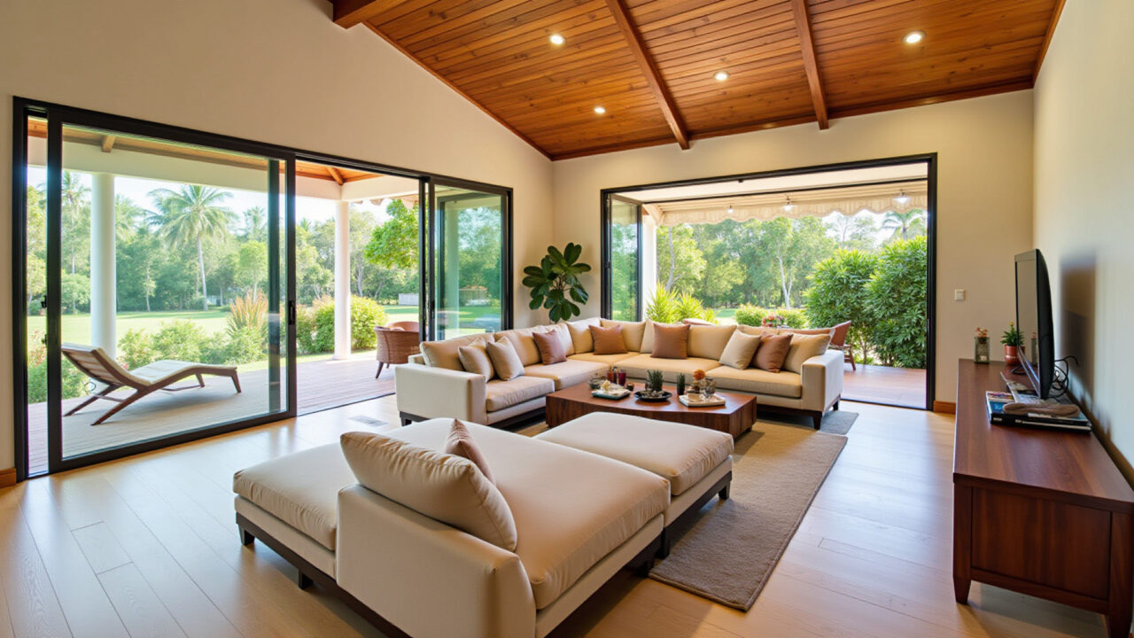 Expanded living room with glass-enclosed varanda, seamless integration, same flooring, vibrant Sala de estar ampliada com varanda fechada com vidro.