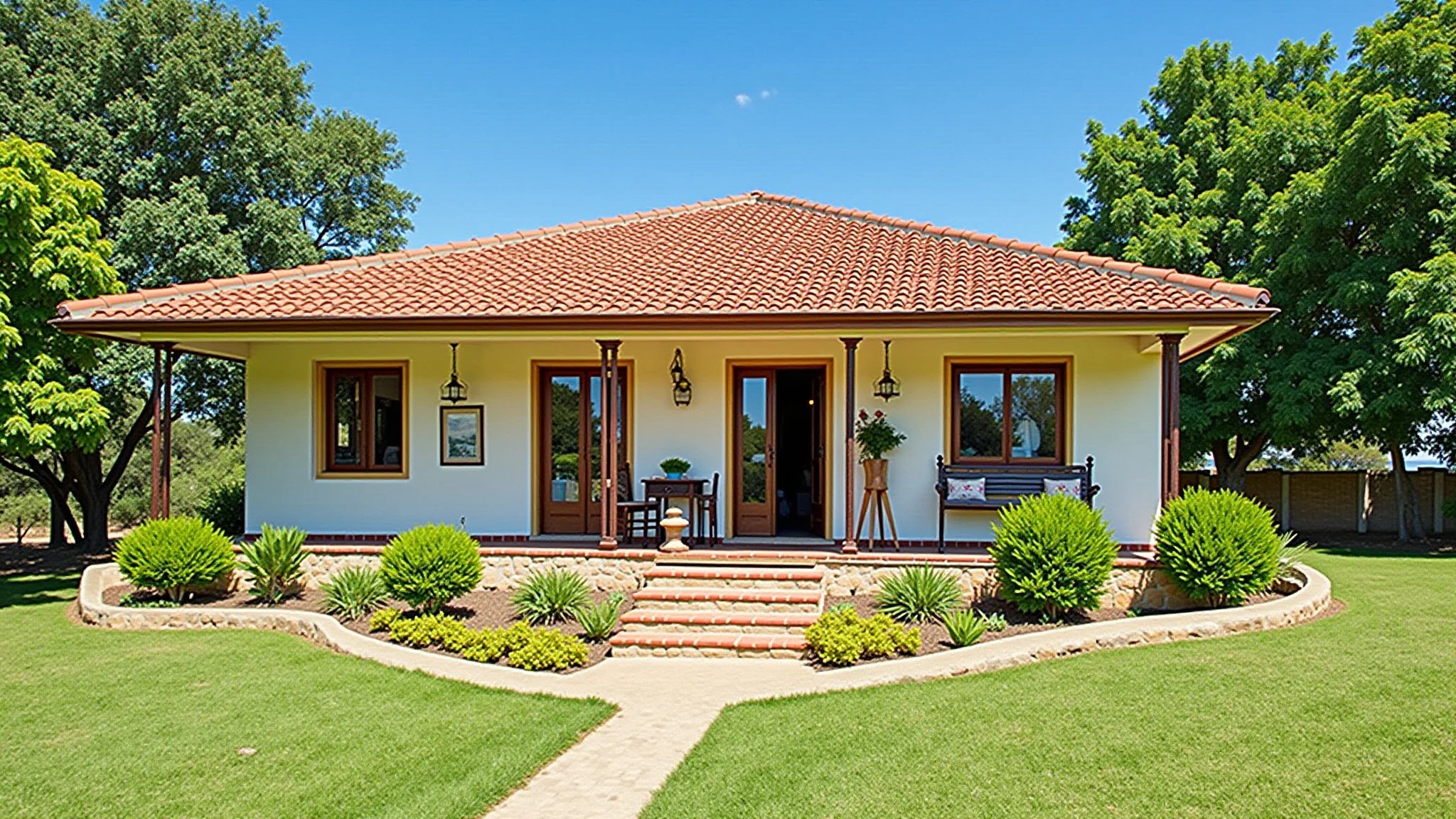 Casa de campo brasileira com telhado vermelho e paisagem exuberante.