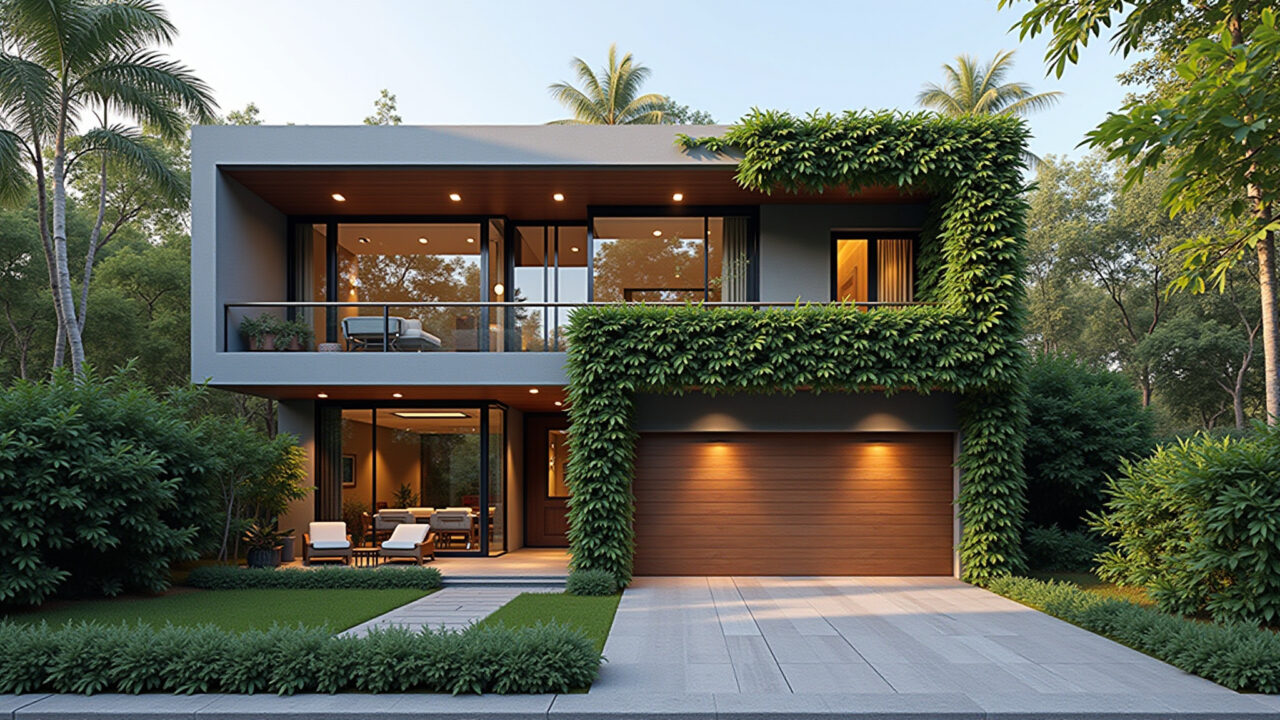 Facade of a modern two-story house with double height ceiling, vertical garden, lush green plants, Fachada de sobrado com pé direito duplo e jardim vertical exuberante.