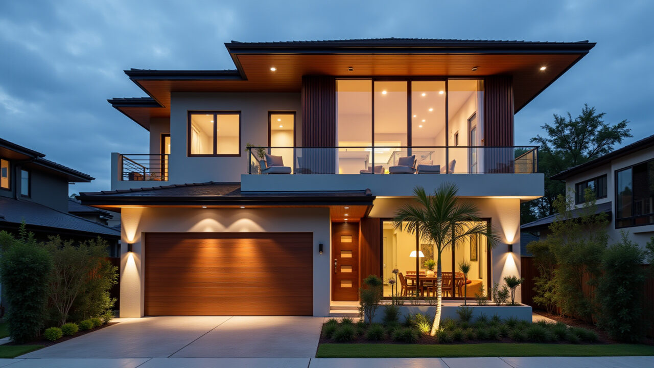 Facade of a two-story house with double height ceiling, strategic lighting, warm tones, modern Fachada de sobrado com pé direito duplo e iluminação estratégica.