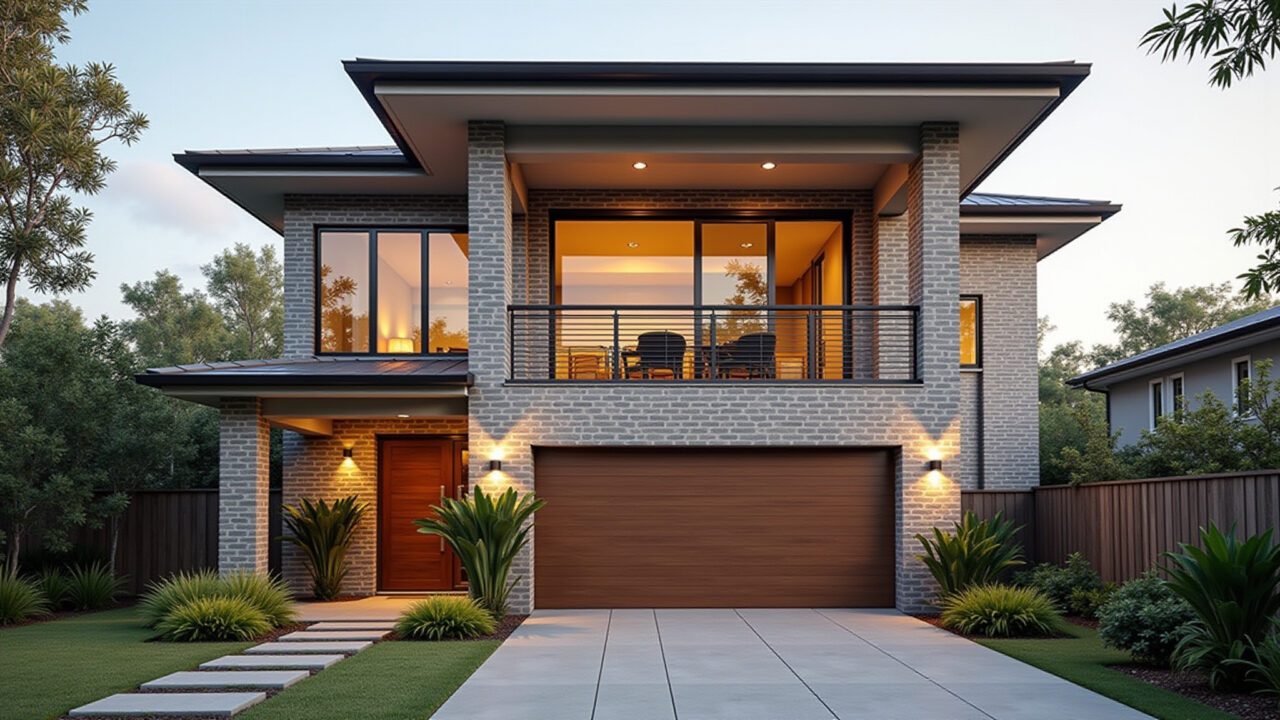 Facade of a two-story house with double height ceiling, exposed brick, modern design, natural Fachada de sobrado com pé direito duplo e tijolinho à vista moderno.